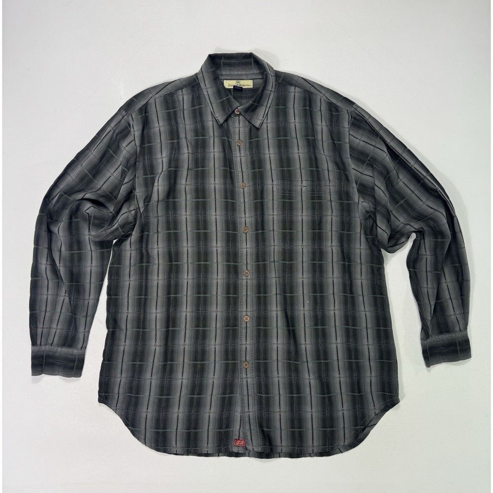 Tommy Bahama Mens Medium 100% Silk Button Shirt Plaid Beach Tropical Black Grey